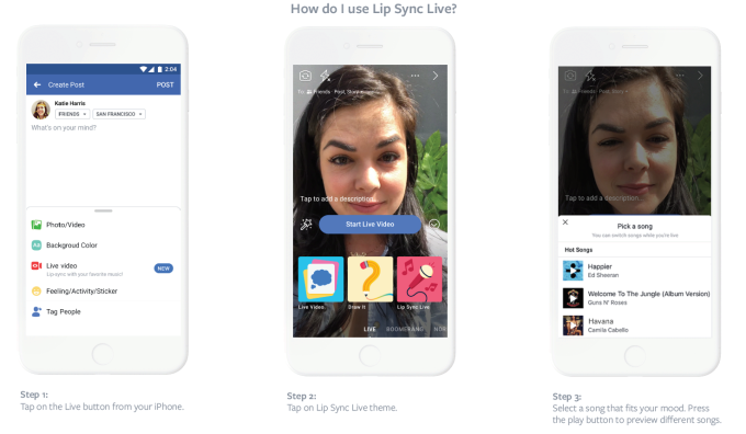 Captures d'écran de la fonctionnalité Facebook Lip Sync Live